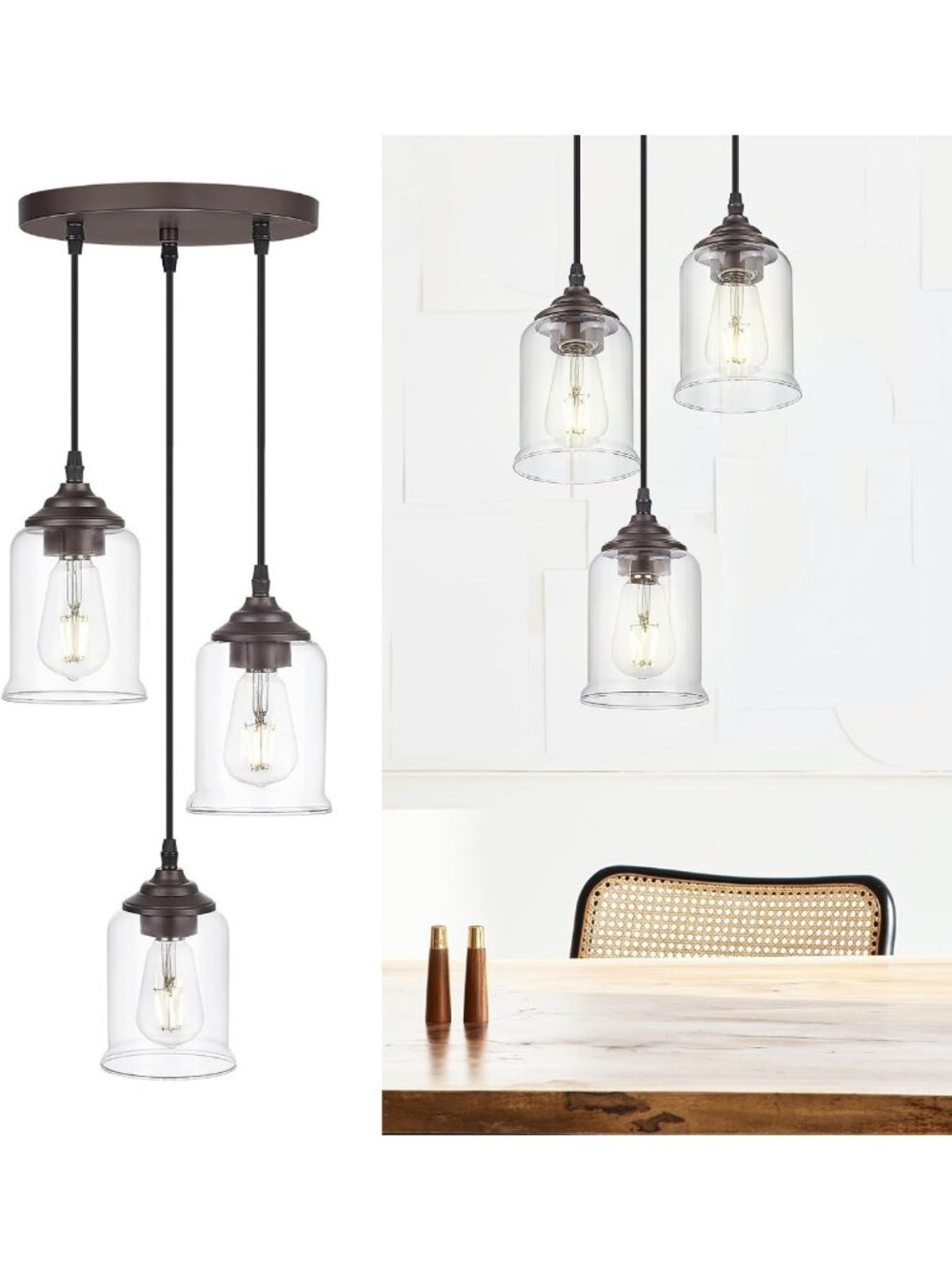 3-Light Farmhouse Cluster Pendant Light Fixture - Adjustable Oil Rubbed Bronze